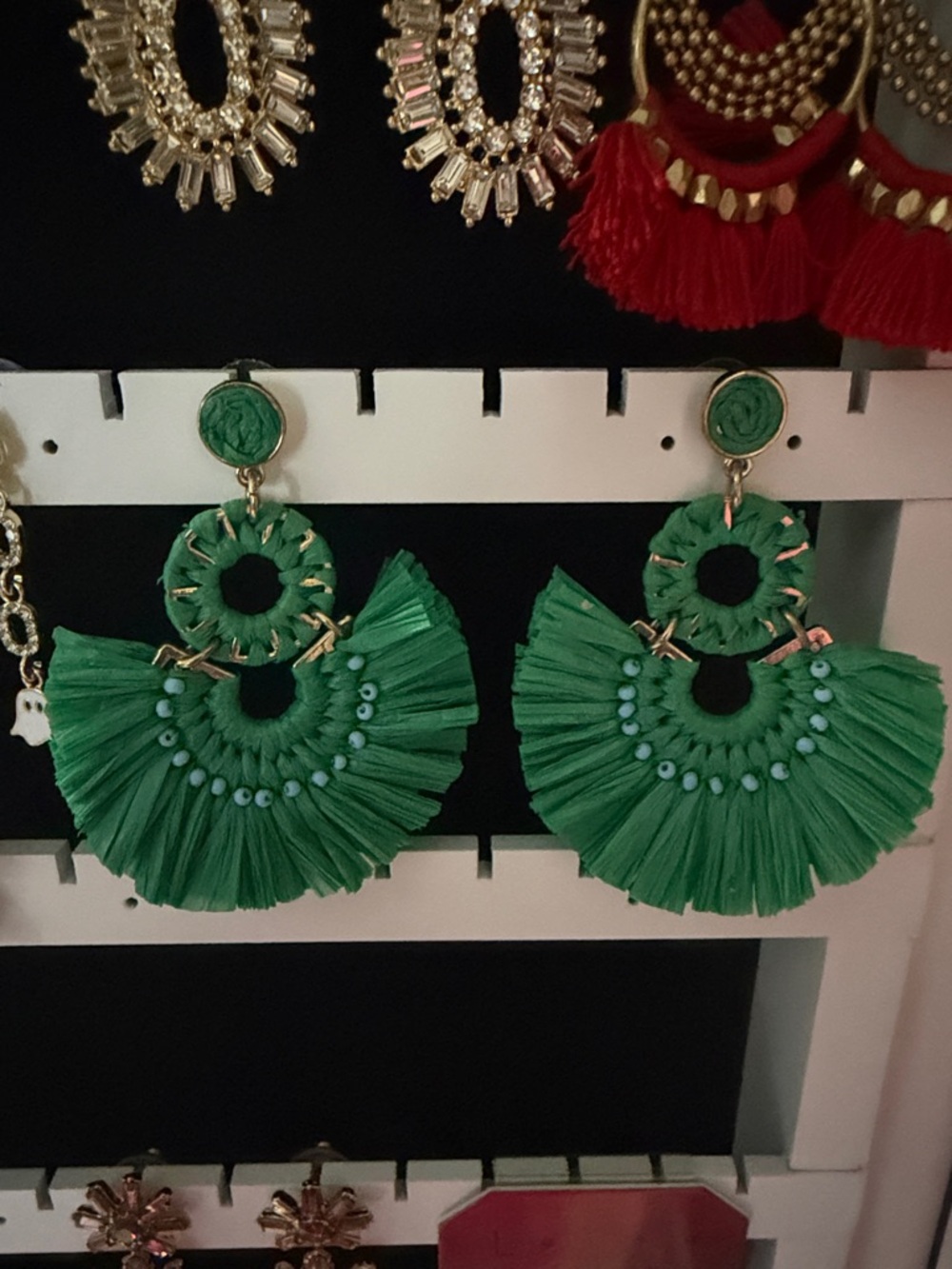 Green Raffia Fan Drop Earrings with Bead Accents